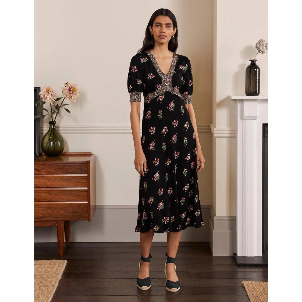 Boden Elena Black Floral Midi Dress US 14R UK 18R Puff V-Neck Size L Large